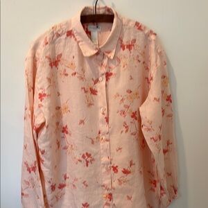 LizSport linen blouse, long sleeve,light pink w/ dark pink flowers, size XL